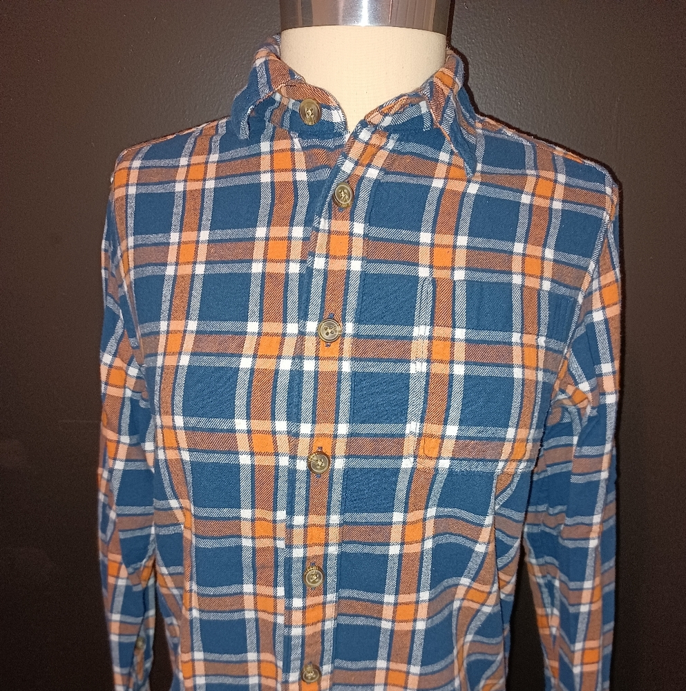 Boys Plaid Button down shirt blue, orange and white